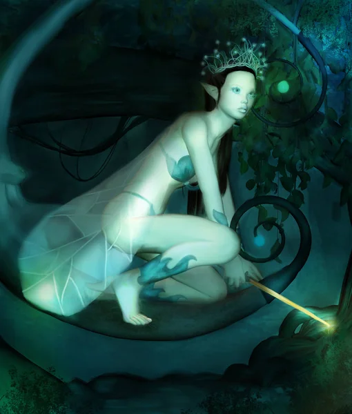 Fantasy Królowa Wróżek Bagażniku Magiczną Różdżką Jej Ręce — Zdjęcie stockowe