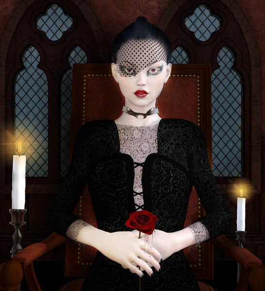 Fantasy gothic portrait of a woman with black dress and veil