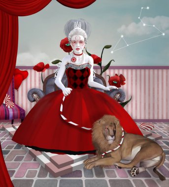 Marie Antoinette 'ten esinlenilen Zodiac serisi. Aslan tasmalı aslanı canlandıran asil bir kadın.