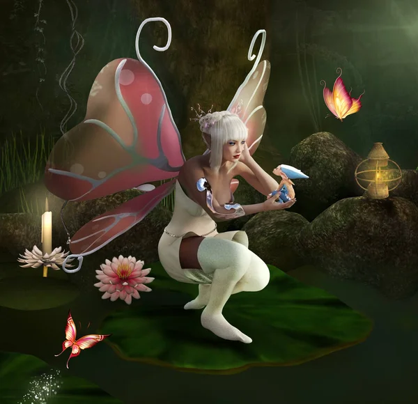 大きな睡蓮の葉の上に座っている彼女の手の中に少し自己と美しい妖精 — ストック写真