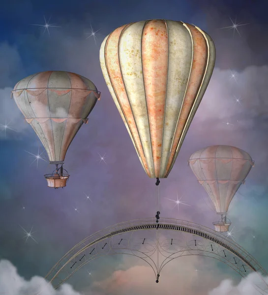 Fliegende Steampunk Heißluftballons Einer Bewölkten Und Sternenklaren Himmelslandschaft — Stockfoto