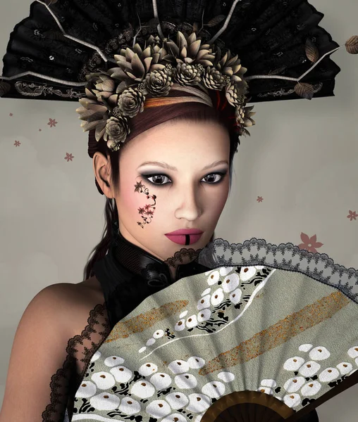 Portrait Fantasy Beautiful Woman Fan Strange Headpiece — Stock Photo, Image