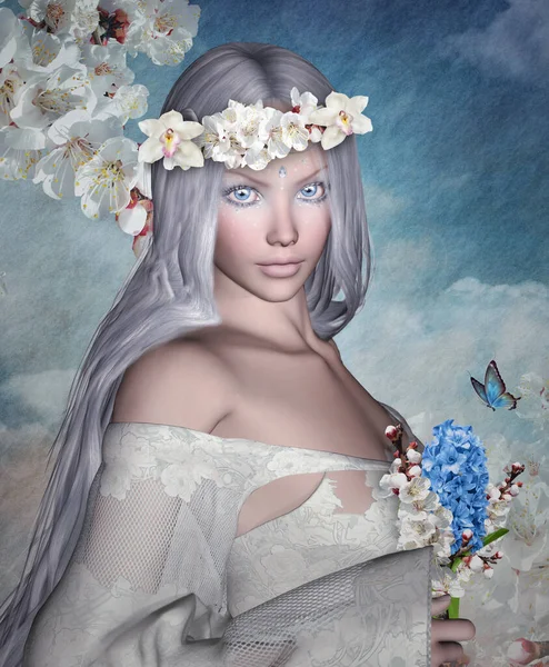 Fantasy Vacker Brud Med Orkidéer Krona Och Hålla Dyrbar Blommor — Stockfoto