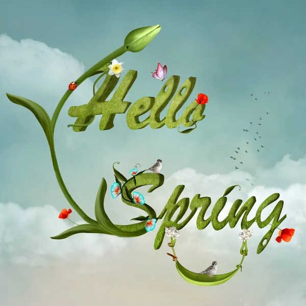 Hallo Frühling Hintergrund Mit Blumen Und Schönen Vögeln — Stockfoto