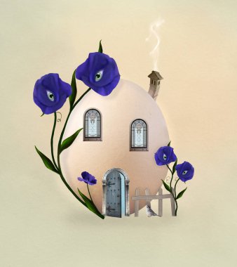 Yumurta şeklinde bir evi ve gerçeküstü gelincikleri olan bir kartpostal.