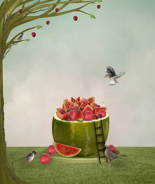 Φανταστικό Τοπίο Εξοχή Καλοκαιρινά Φρούτα Και Όμορφα Πουλιά — Φωτογραφία Αρχείου