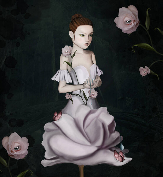 Сюрреалистичная девушка в цветке на темном фоне