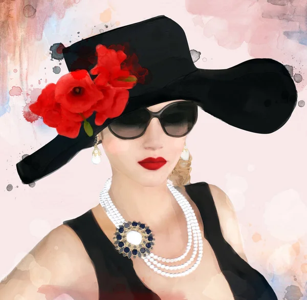 Beautiful Old Style Woman Black Hat Poppies — Stock Photo, Image