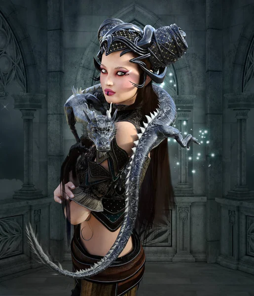 Beautiful Sexy Warrior Black Blue Dragon Her Shoulder — Stock Photo, Image