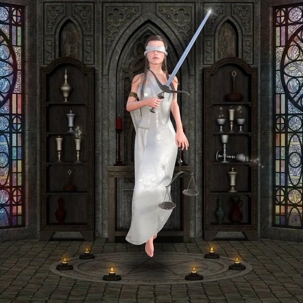 Beyaz Elbiseli Tanrıça Terazisiyle Bir Kadın Adaletidir — Stok fotoğraf