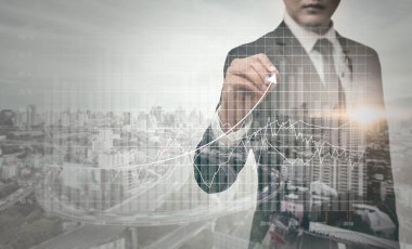 Bir çalışan iş adamı ve beyaz arka plan üzerinde cityscape çift pozlama.