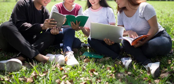 Group of college students sitting on the lawn and learning from books, tablet and computer
