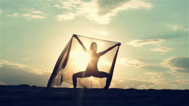 Silhouet van een dansende vrouw bij zonsondergang — Stockvideo