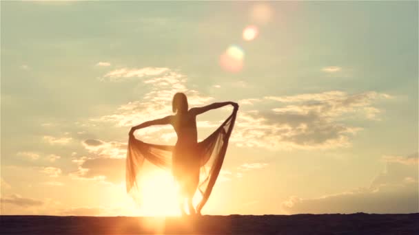 Silhuetten av en dansande kvinna vid solnedgången — Stockvideo