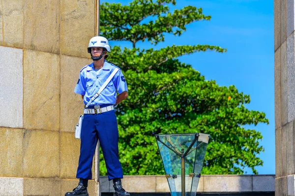 Eren bewaker van Braziliaanse luchtmacht bewaken van de eeuwige vlam op nationaal Monument aan de doden in de Tweede Wereldoorlog, Rio de Janeiro — Stockfoto