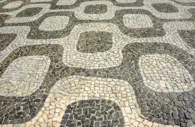 Siyah ve beyaz ikonik Mozaik, Portekizli kaldırım desen Ipanema Plajı, Rio de Janeiro eski tasarım tarafından