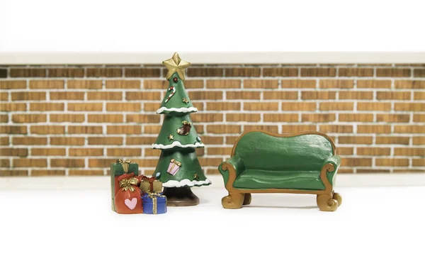 Empty Green Long Bench Christmas Tree Gifts — Stock Photo, Image