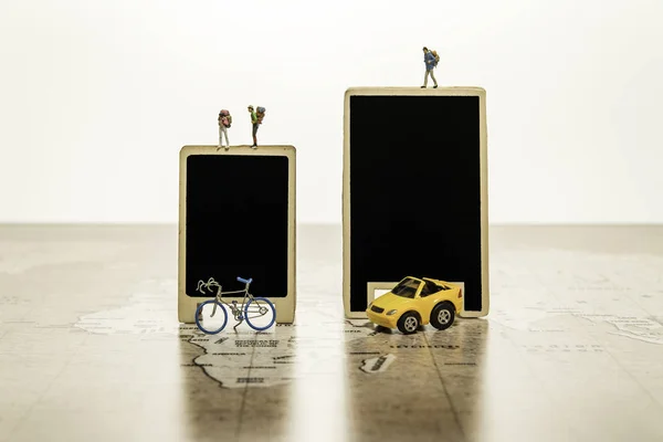 Two Blank Black Boards Tiny Human Model Car Bicycle World — Stock Photo, Image