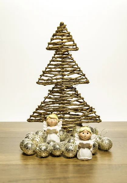 Two Small Angels Stand Front Christmas Tree Silver Balls — Stock Photo, Image