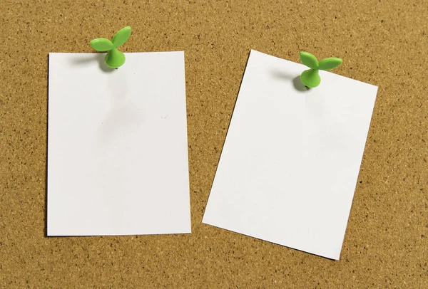 Dois Papel Branco Branco Com Pino Folha Verde Placa Cortiça — Fotografia de Stock