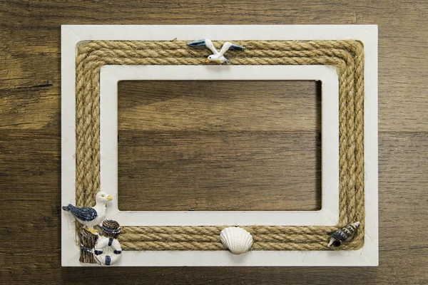 Wooden Picture Frame Rope Decoration Wooden Table Stock Photo