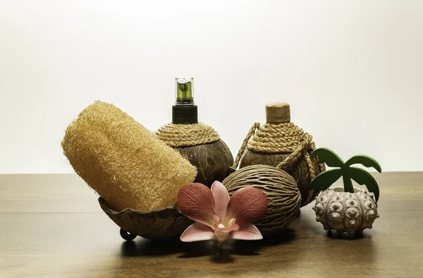 Zestaw Spa Orchidei Udekorować Morza Shell Palm Tree — Zdjęcie stockowe