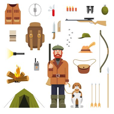 Düz renk avcılık Icons set. Avcı tüfeği ve köpek ile vektör illüstrasyon izole