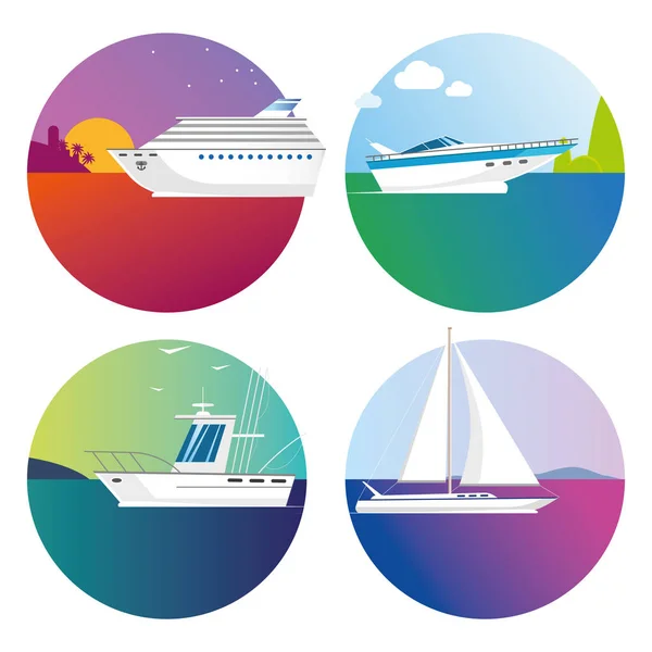 Vector colores barcos y barcos iconos sobre fondo blanco tropical de viaje y pesca — Vector de stock