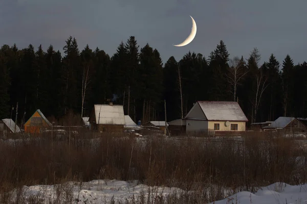 Pueblo Rusia Siberia Una Noche Luna Clara — Foto de Stock