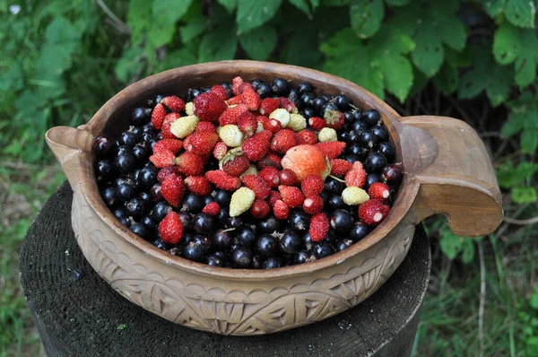 Ripe Currants Strawberries Wooden Bowl Green Background — Stock Photo, Image