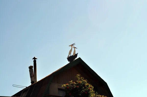 Gestileerde Houten Ooievaars Het Dak Van Een Huis Een Afgelegen — Stockfoto