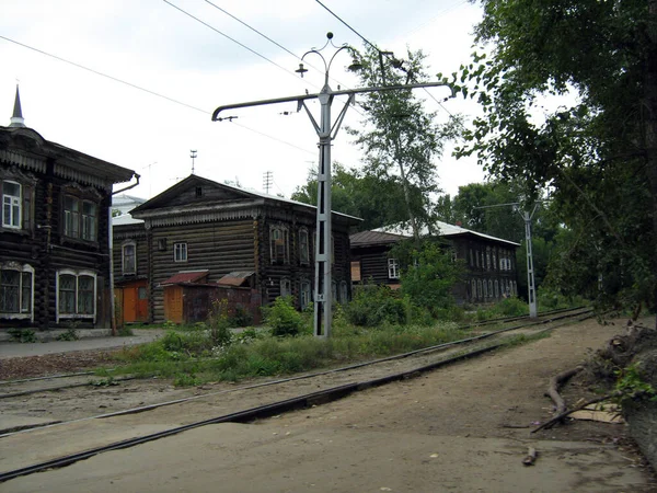 Wooden Buildings Tram Track 414 Year Old Siberian City Tomsk — Stock Photo, Image