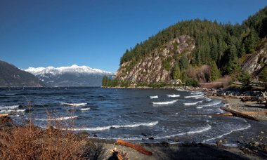 Porteau Cove Provincial Park. Güneşli bir bahar günü, deniz ve dağlar, karla kaplı dağ silsilesi ufukta, British Columbia. Kanada. 