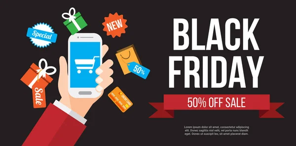 Black friday koop. online winkelen met smartphone. poster, spandoek, achtergrond of sjabloon. vectorillustratie. — Stockvector