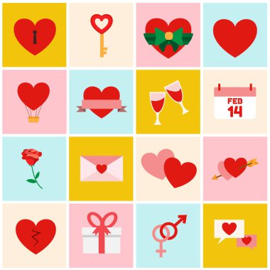 Sevgililer ve düğün simgeler, tasarım öğeleri kümesi. Kalp, aşk, flört ve ilişki. Vektör çizim.