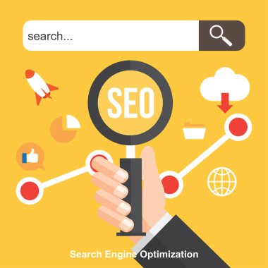SEO, arama motoru optimizasyonu. Dijital pazarlama. Analytics arama, bilgi ve Web sitesi simgeler kümesi. Vektör çizim.