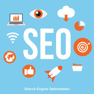 SEO, arama motoru optimizasyonu. Dijital pazarlama. Analytics arama, bilgi ve Web sitesi simgeler kümesi. Vektör çizim.