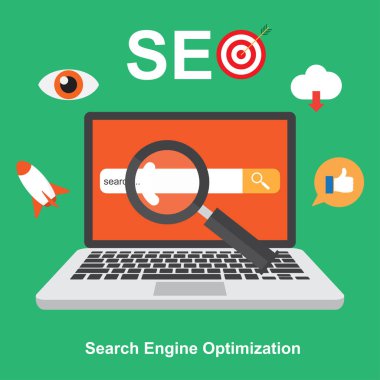 SEO, arama motoru optimizasyonu. Dijital pazarlama. Analytics arama, bilgi ve Web sitesi simgeler kümesi. Vektör çizim.
