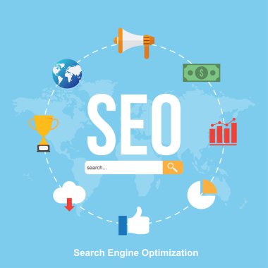 SEO, arama motoru optimizasyonu. Dijital pazarlama. Analytics arama, bilgi ve Web sitesi simgeler kümesi. Vektör çizim.