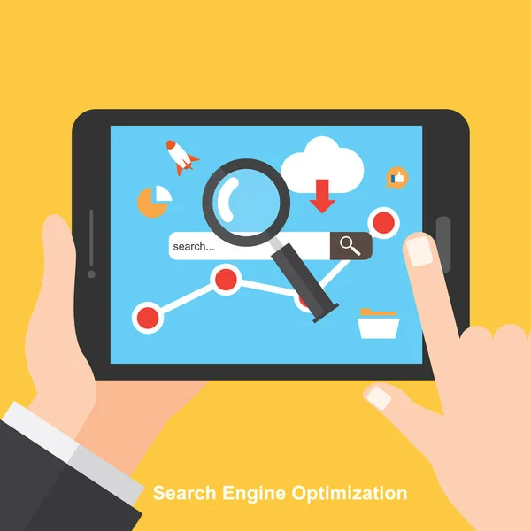 SEO, Search Engine Optimization. Digitale Marketing. Iconen set analytics zoeken, informatie en website. Hand houdt tablet. Vectorillustratie — Stockvector