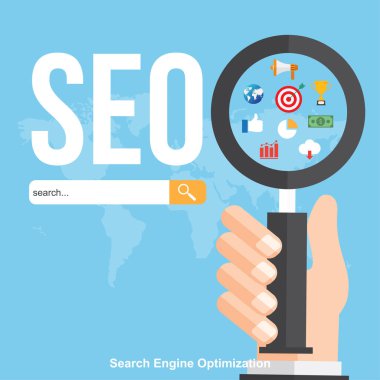 SEO, arama motoru optimizasyonu. Dijital pazarlama. Analytics arama, bilgi ve Web sitesi simgeler kümesi. Vektör çizim.