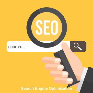 SEO, arama motoru optimizasyonu. Dijital pazarlama. Arama, bilgi ve Web sitesi. Vektör çizim.