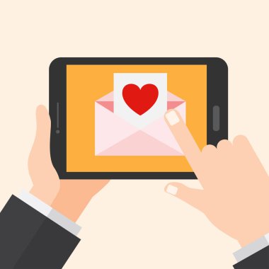 Online aşk zarf. Tablet, dijital aygıt. Sevgililer günü e-posta. vektör çizim.