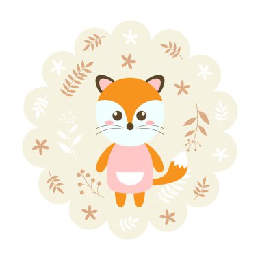 Tilki. vektör çizim karikatür, maskot. komik ve güzel bir tasarım. sevimli hayvan çiçek bir arka plan üzerinde. çocuk kitabı karakter stili küçük hayvan.
