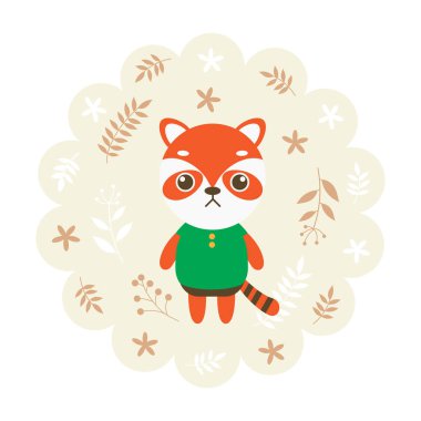 Red panda. vektör çizim karikatür, maskot. komik ve güzel bir tasarım. sevimli hayvan çiçek bir arka plan üzerinde. çocuk kitabı karakter stili küçük hayvan.