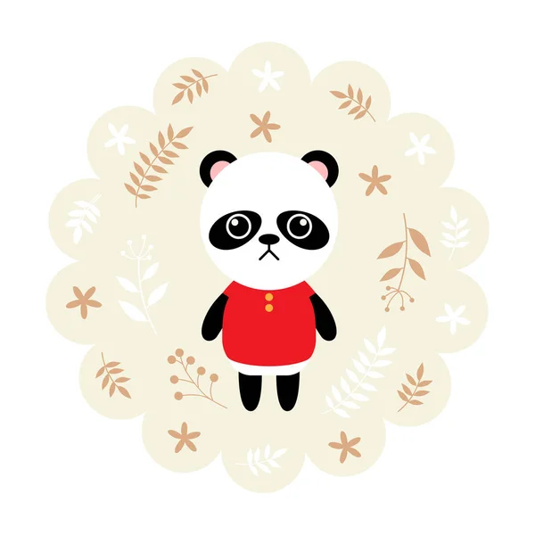 Un ours panda. illustration vectorielle dessin animé, mascotte. design drôle et charmant. animal mignon sur un fond floral. petit animal dans le style de personnage de livre pour enfants . — Image vectorielle