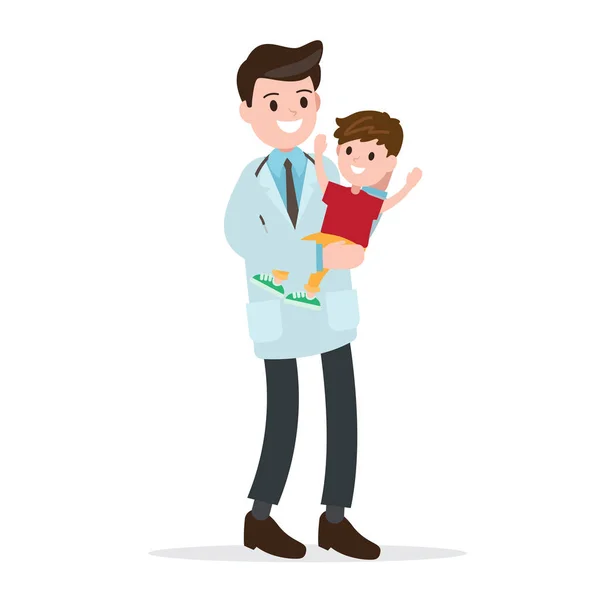 Pediatra e crianças bonitos alegres saudáveis. médico profissional, trabalho, ocupação. ilustração vetorial . — Vetor de Stock
