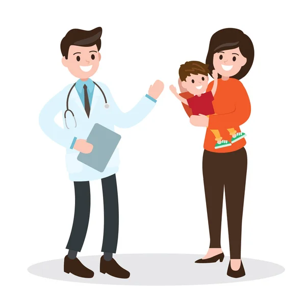 Health caring of the child. pediatrician and mother with son. vector illustration on white background. — Stock Vector