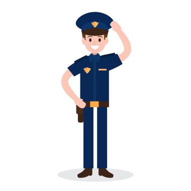 Beyaz arka plan üzerinde gülümseyen polis. işçi, memur, iş, meslek. vektör çizim. düz tasarım stili.