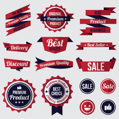 Kırmızı rozetler, etiket ve şeritler kümesi. düz tasarım konsepti. marka ve Satılık dekorasyon. vektör çizim.